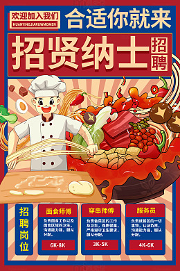 红色港风招贤纳士餐饮招聘海报