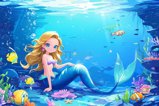大海海底美人鱼插画