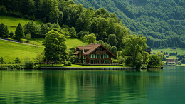 绿树森林湖泊自然景观