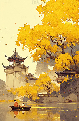 古风建筑黄色树木倒影