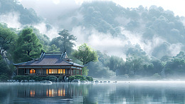 雾中湖边的传统中式建筑