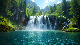 森林中的瀑布与清澈湖泊风景