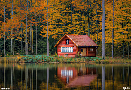 水面湖泊林间小屋景观