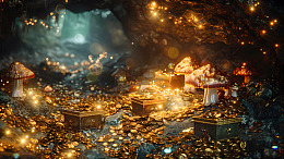 宝藏洞穴金色蘑菇奇幻场景壁纸