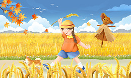 秋天稻田田野枫叶稻草人小女孩手绘背景