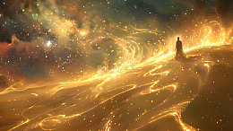 金色星河与冥想人物梦幻艺术壁纸