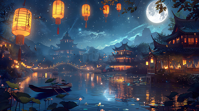 月夜水乡灯笼流光中国古典风景壁纸