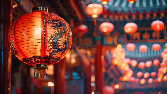传统红色龙灯笼中国古典街道夜景壁纸