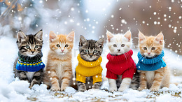 五只穿着彩色毛衣的小猫在雪中壁纸