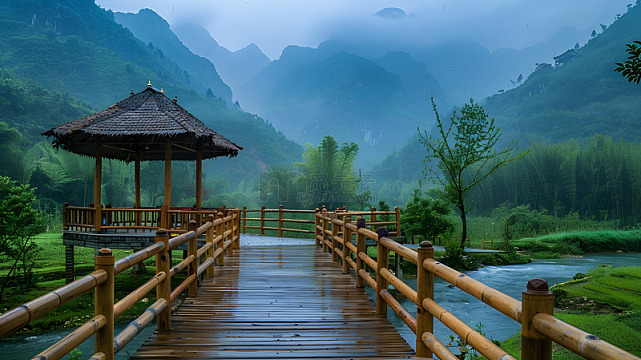雨中竹桥与山峦中国古典园林风景壁纸