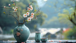 古典青花瓷花瓶与梅花装饰静物壁纸