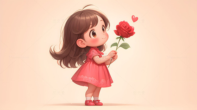 卡通女孩手捧红玫瑰的可爱插画壁纸