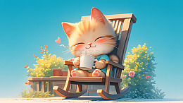 可爱卡通猫咪摇椅上享受阳光的插画壁纸