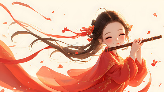 红衣少女迎风吹笛插画