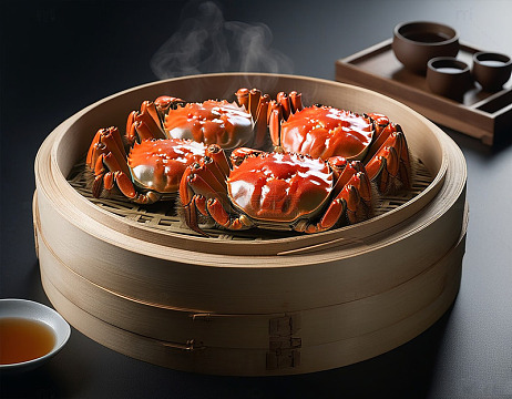 笼屉里的大闸蟹AI摄影图