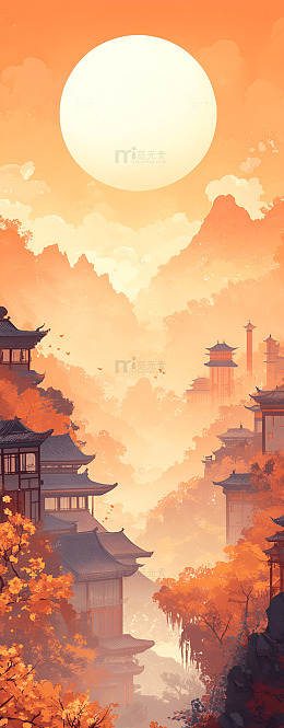 中国古建筑月圆背景
