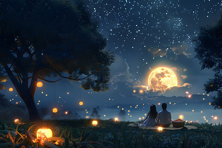 浪漫中秋夜情侣湖边赏月壁纸