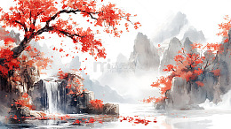 湖泊国画山水画枫叶