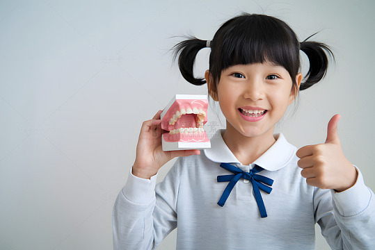 手拿牙齿模具的亚洲小女孩AI摄影图