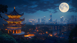 古今交融的城市夜景与满月