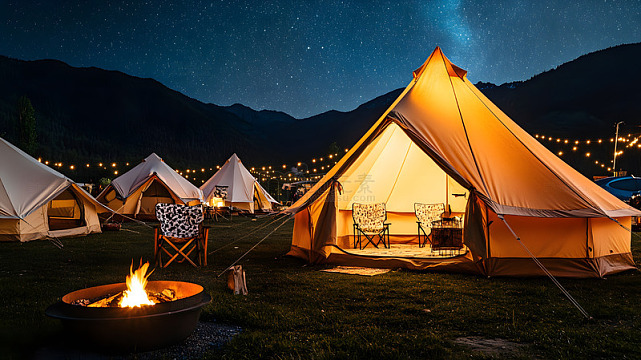夜间露营帐篷与篝火