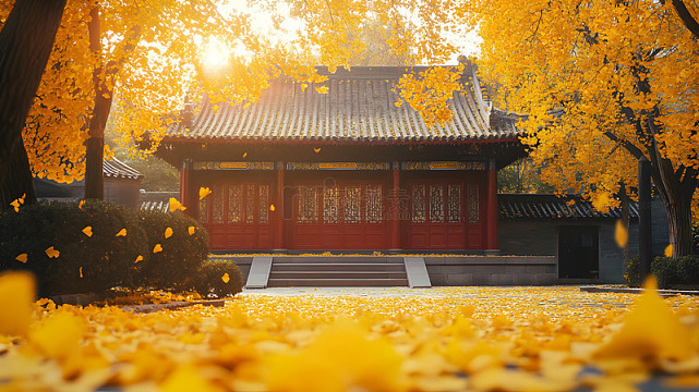秋日中式建筑与落叶景观