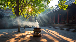 寺庙庭院晨曦香烟