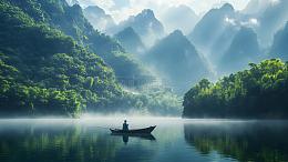 山水晨雾中独行船