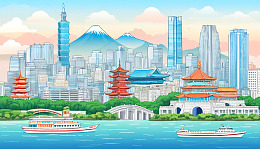 台北城市建筑扁平古建筑插画