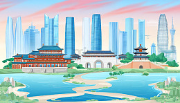 古建筑现代大厦场景地标插画