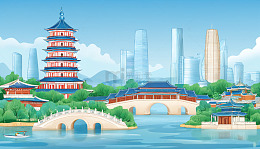 古建筑现代大厦场景插画