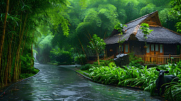 竹林小屋雨后景色