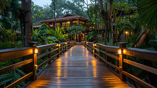 黄昏时分的热带木栈道与灯光映衬的度假别墅