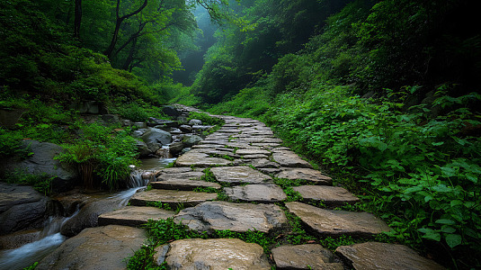 雨中石板小径自然风景