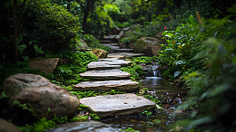 雨中花园小径石板路风景