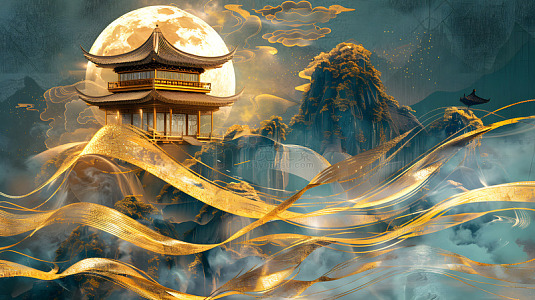 满月下的山巅古建筑与金色云雾