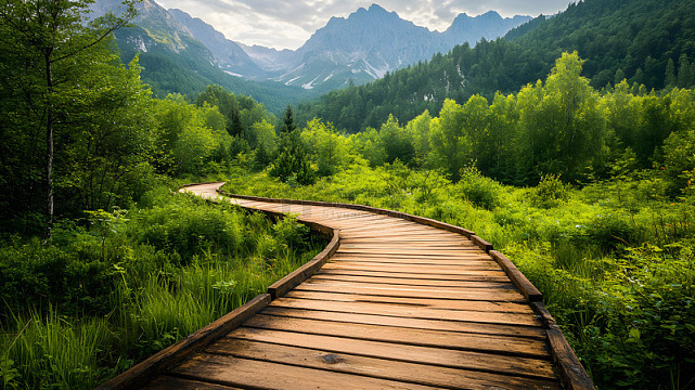 山间木质小路与远山风景