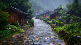 雨中青石板路上的传统中式村庄景色