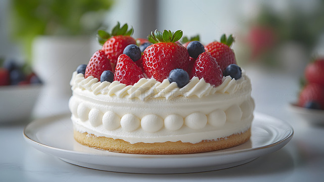 草莓蓝莓奶油水果蛋糕的简约美食摄影