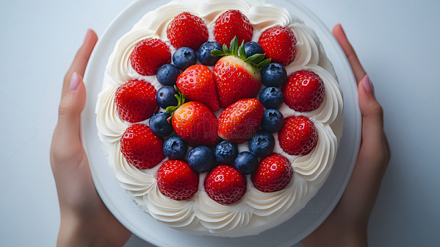 草莓蓝莓装饰的奶油水果蛋糕美食摄影