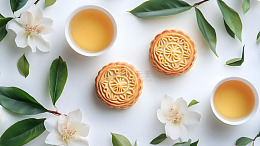 广式月饼与茶搭配的精美中式茶点摄影