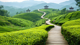 蜿蜒小路穿越茶园与山峦的自然风光壁纸