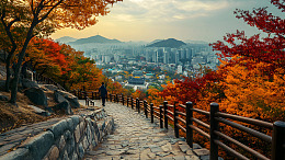 秋季山间小路俯瞰城市全景的风景壁纸