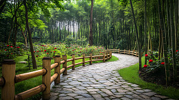 竹林与红花环绕的蜿蜒石径园林景观壁纸