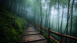 雾中竹林木质栈道的宁静风景壁纸