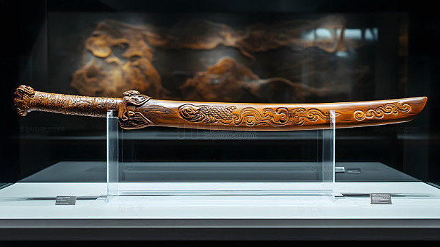 博物馆展柜中的雕花木剑中式传统工艺品摄影