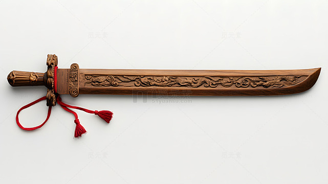 雕花木剑配红色流苏中式传统工艺品摄影