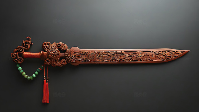 雕花铜剑配红绿流苏中式传统工艺品武器摄影