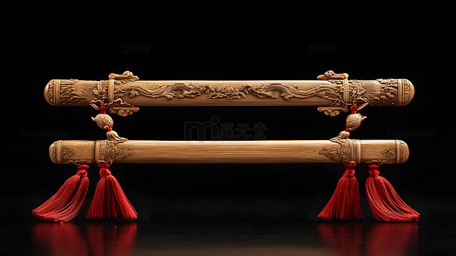 精美竹制卷轴红色流苏装饰传统艺术品摄影
