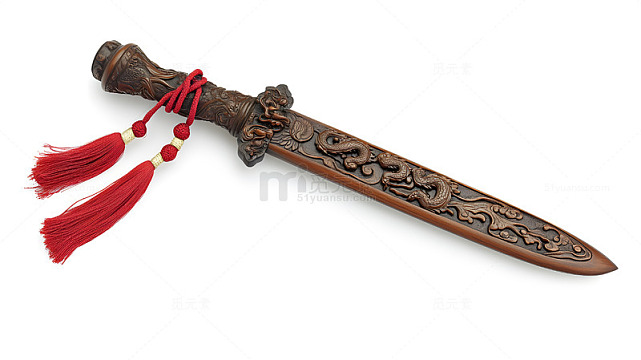 雕花铜剑带红色流苏传统中式工艺品摄影
